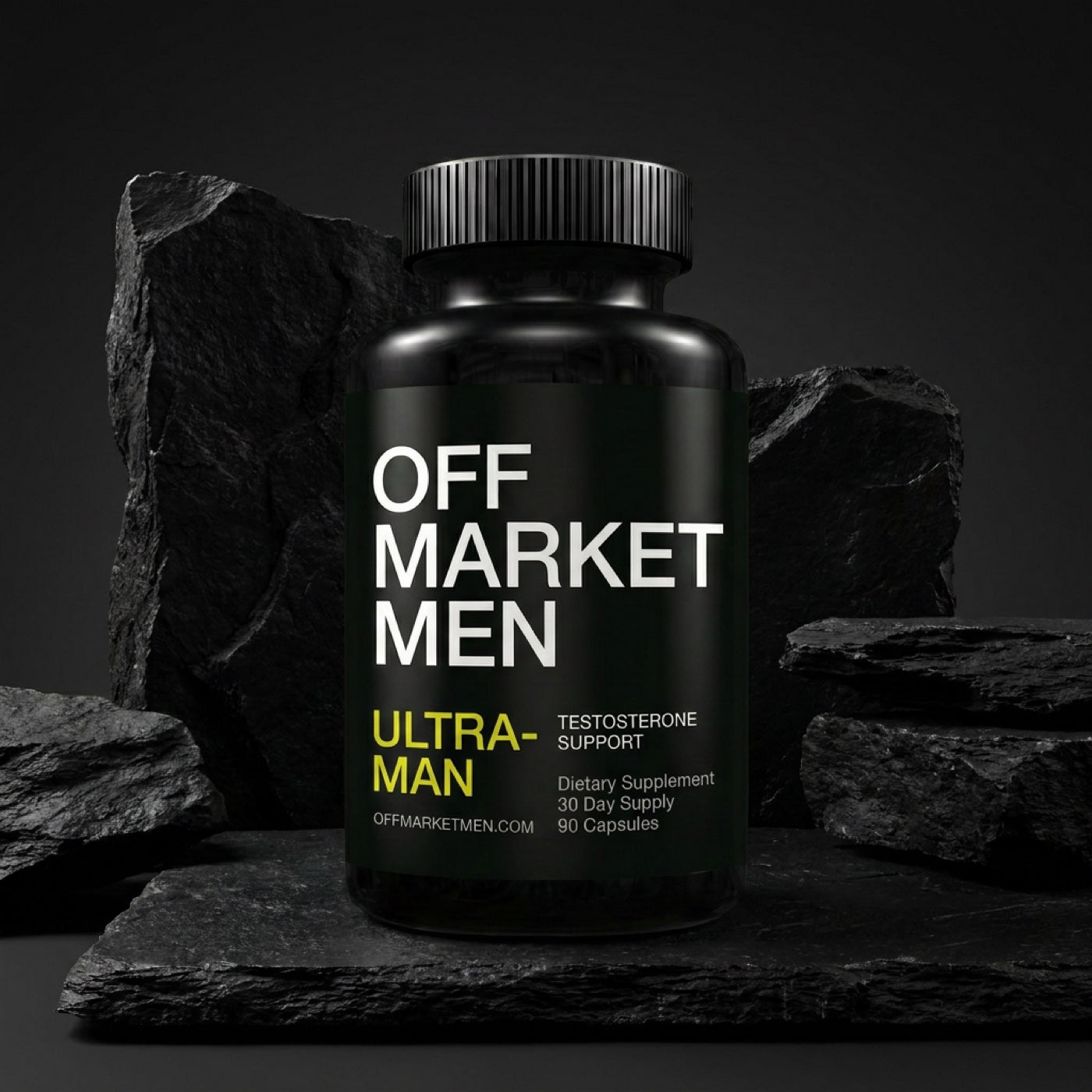 OffMarket Men Ultra-Man bottle on black rock